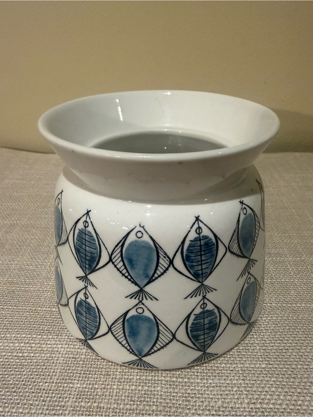 Vintage Arabia Finland Blue Fish Ceramic Planter Crock Pot Flared Rim MCM
